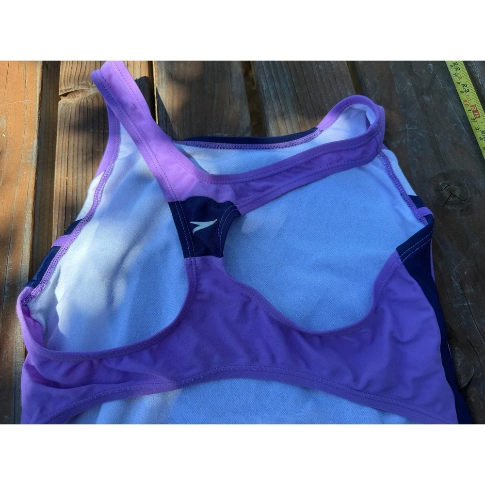Speedo Girls One Piece Swimsuit Size 16 Navy Purple White Racerback Swimwear